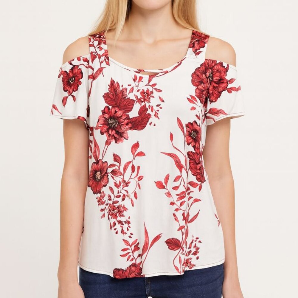 INC International Concepts White and Red Puff Sleeve Fitted Blouse